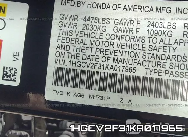 1HGCV2F31KA017965 фото 10