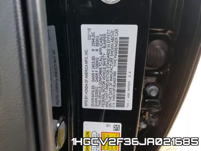 1HGCV2F36JA021685 фото 2