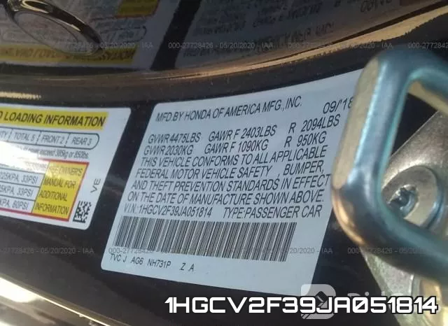1HGCV2F39JA051814 фото 10