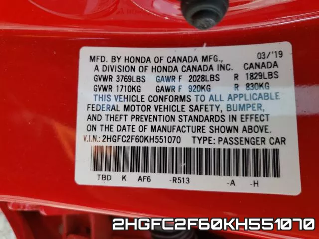 2HGFC2F60KH551070 фото 2