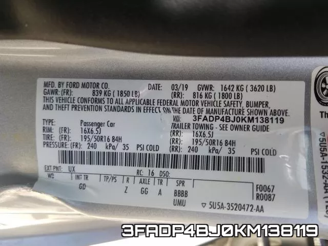 3FADP4BJ0KM138119 фото 2