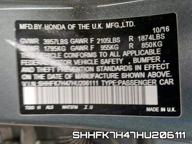 SHHFK7H47HU206111 фото 2