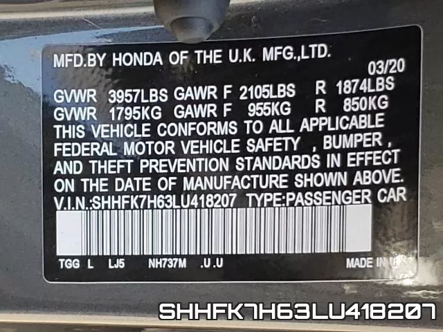 SHHFK7H63LU418207 фото 2
