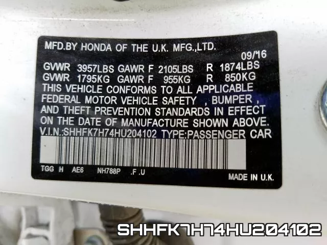 SHHFK7H74HU204102 фото 2