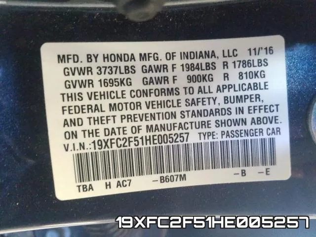 19XFC2F51HE005257 фото 2