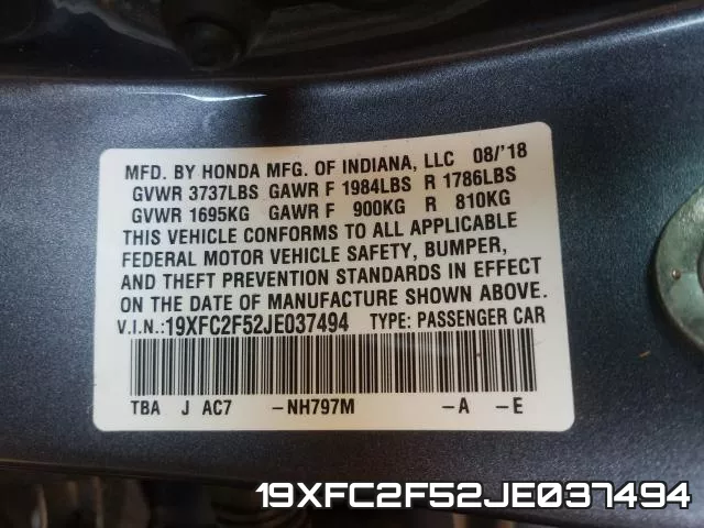 19XFC2F52JE037494 фото 2