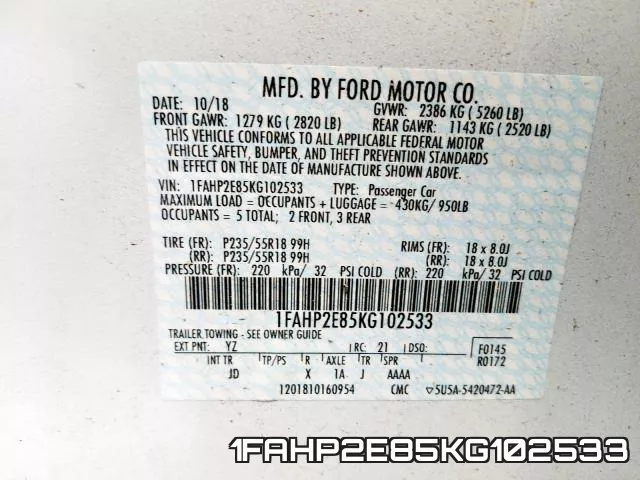 1FAHP2E85KG102533 фото 2