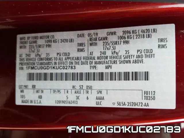 1FMCU0GD1KUC02783 фото 2