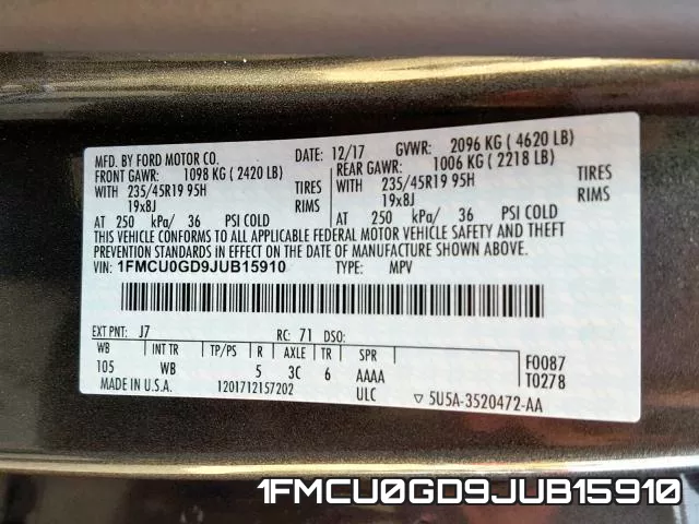1FMCU0GD9JUB15910 фото 2