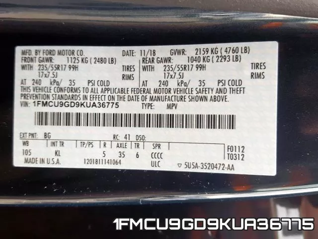 1FMCU9GD9KUA36775 фото 2