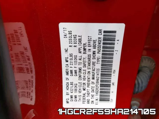 1HGCR2F59HA214705 фото 2