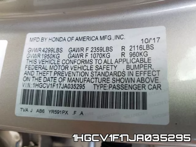 1HGCV1F17JA035295 фото 2