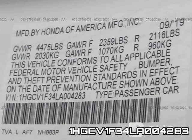 1HGCV1F34LA004283 фото 10