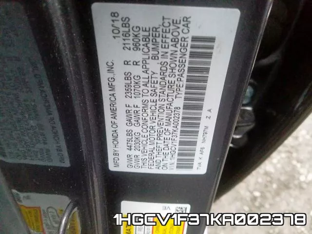 1HGCV1F37KA002378 фото 2