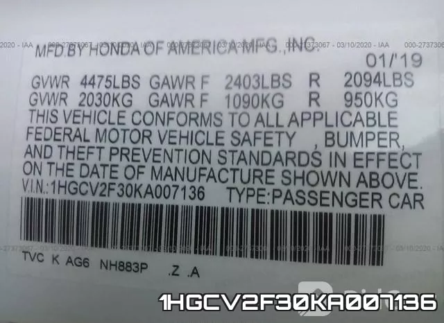 1HGCV2F30KA007136 фото 10