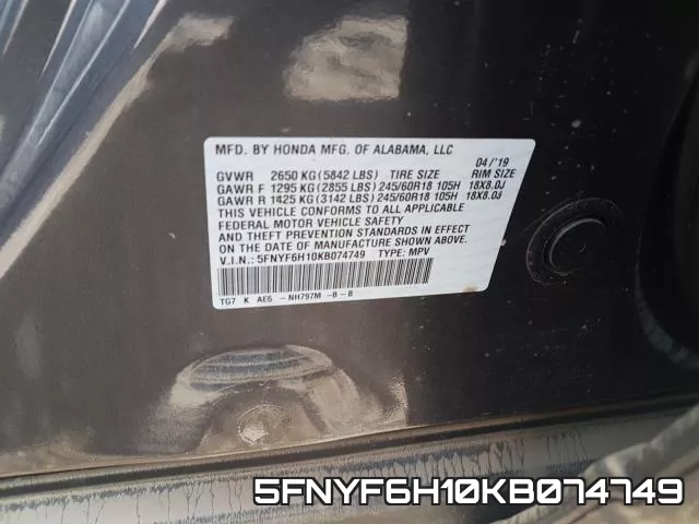 5FNYF6H10KB074749 фото 2