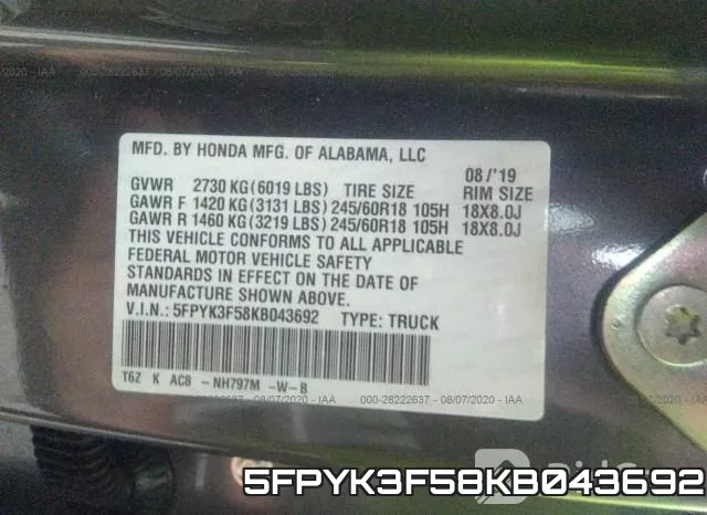 5FPYK3F58KB043692 фото 10