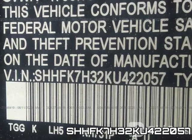 SHHFK7H32KU422057 фото 10