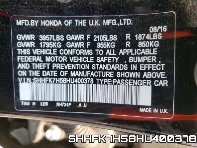 SHHFK7H58HU400378 фото 2