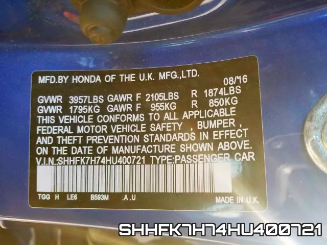 SHHFK7H74HU400721 фото 2
