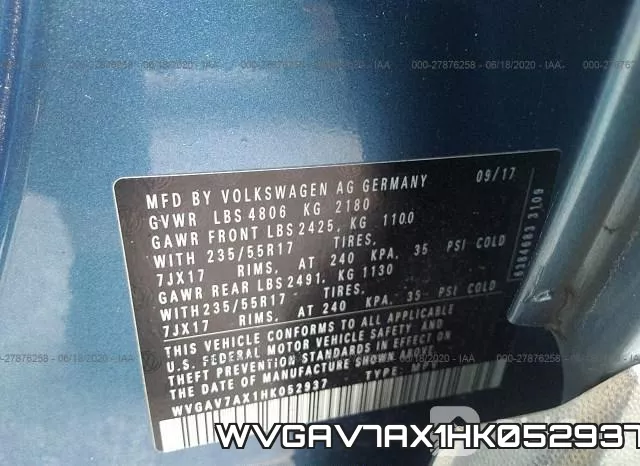WVGAV7AX1HK052937 фото 10