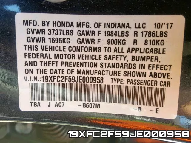 19XFC2F59JE000958 фото 2