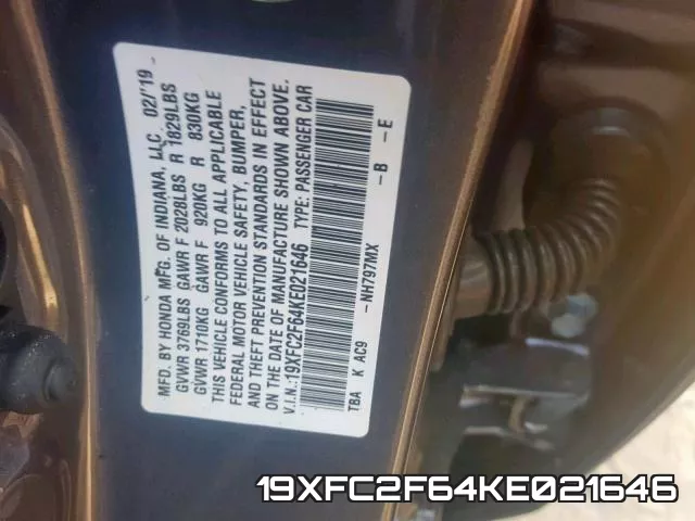 19XFC2F64KE021646 фото 2