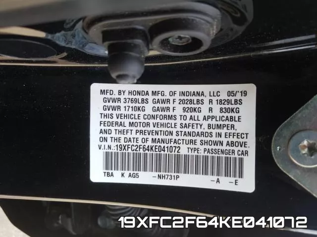 19XFC2F64KE041072 фото 2