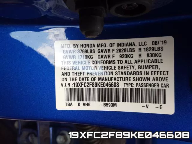 19XFC2F89KE046608 фото 2