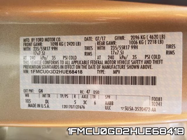 1FMCU0GD2HUE68418 фото 2