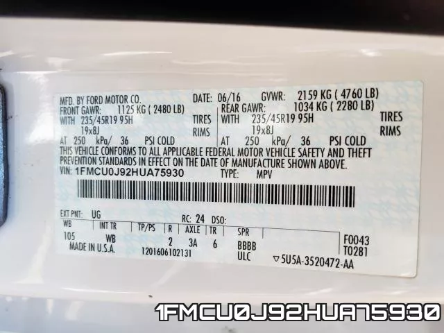 1FMCU0J92HUA75930 фото 2