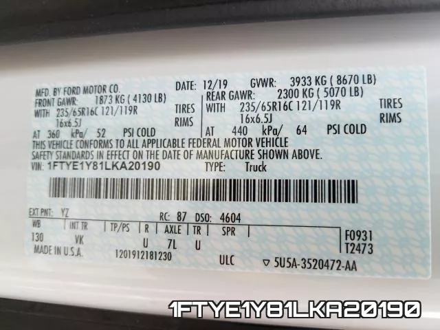 1FTYE1Y81LKA20190 фото 2