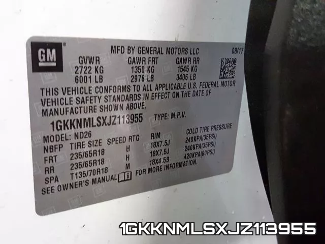 1GKKNMLSXJZ113955 фото 2