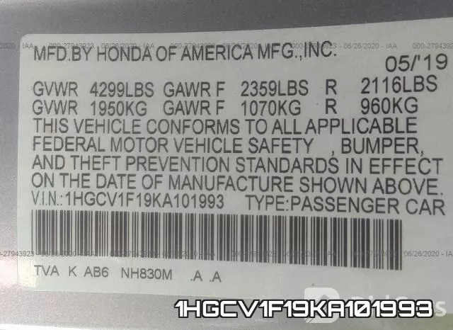 1HGCV1F19KA101993 фото 10