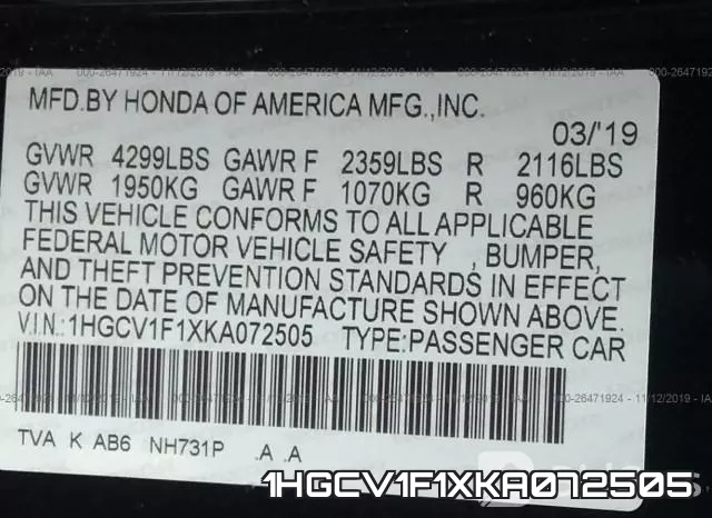 1HGCV1F1XKA072505 фото 10