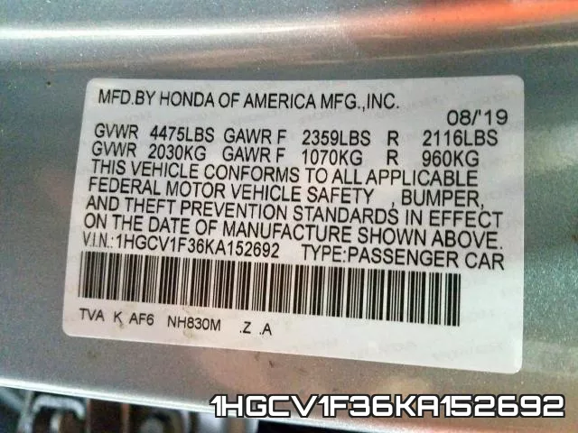 1HGCV1F36KA152692 фото 2
