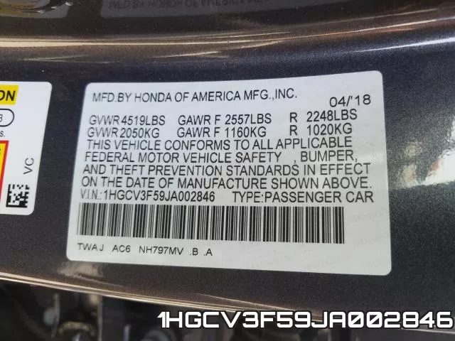 1HGCV3F59JA002846 фото 2