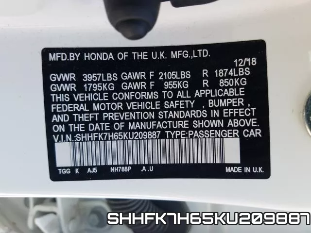 SHHFK7H65KU209887 фото 2