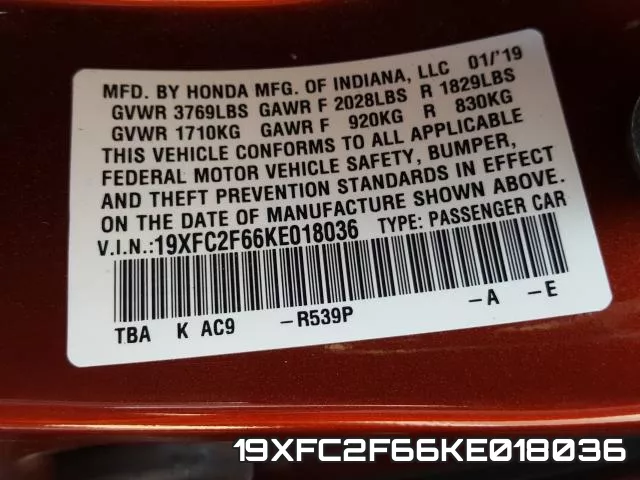 19XFC2F66KE018036 фото 2