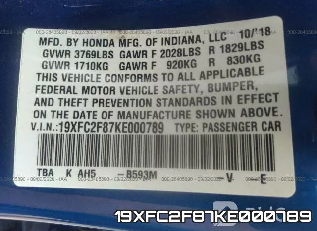 19XFC2F87KE000789 фото 10