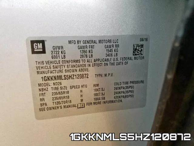 1GKKNMLS5HZ120872 фото 2