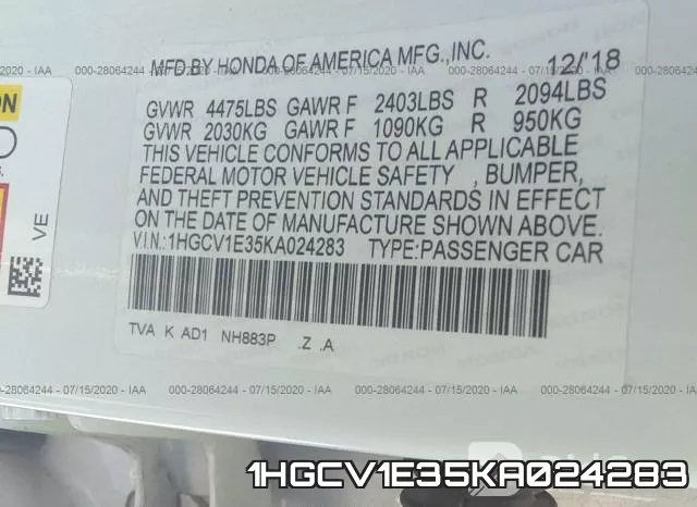 1HGCV1E35KA024283 фото 10