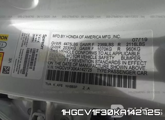 1HGCV1F30KA142725 фото 10