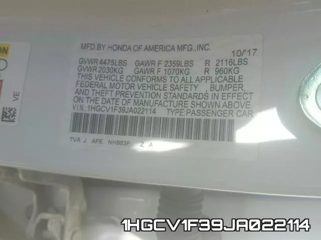 1HGCV1F39JA022114 фото 2