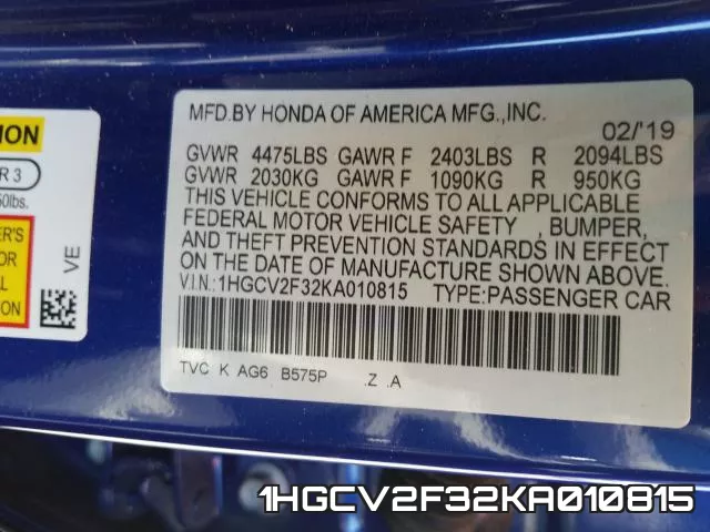 1HGCV2F32KA010815 фото 2