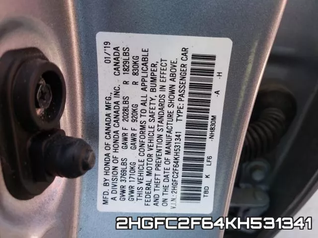 2HGFC2F64KH531341 фото 2
