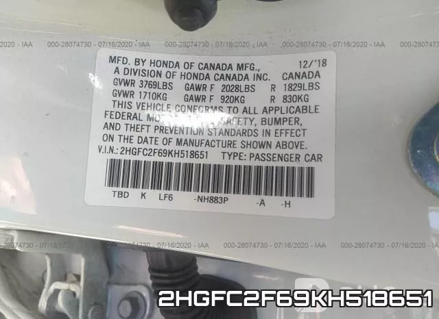 2HGFC2F69KH518651 фото 10