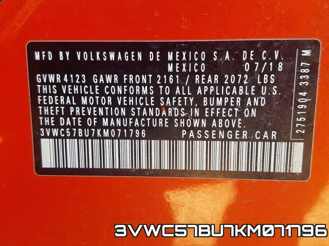 3VWC57BU7KM071796 фото 2
