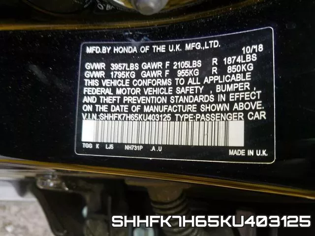 SHHFK7H65KU403125 фото 2
