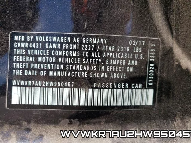 WVWKR7AU2HW950457 фото 2